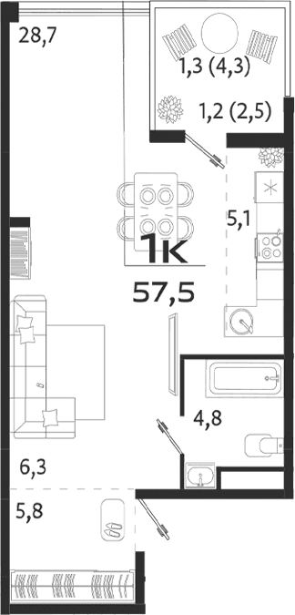 Студия, 50.7 м²