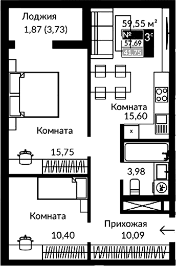 3-комн., 55.82 м²