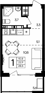 Студия, 22.9 м²
