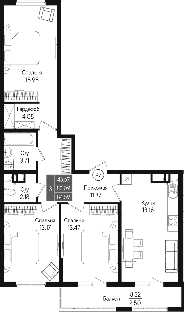 3-комн., 82.09 м²