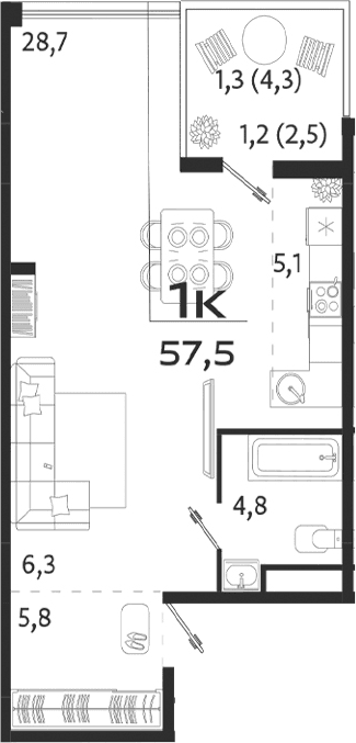 Студия, 50.7 м²