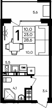 Студия, 23 м²