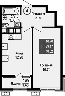 1-комн., 39.17 м²