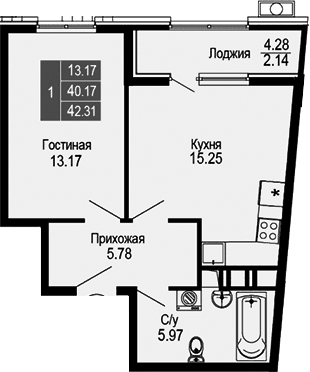 2-комн., 40.17 м²