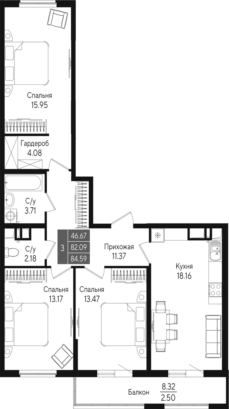 3-комн., 82.09 м²
