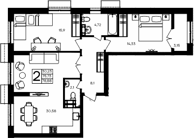 2-комн., 75.73 м²