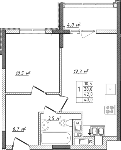 2-комн., 38 м²