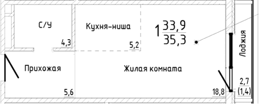 Студия, 33.9 м²