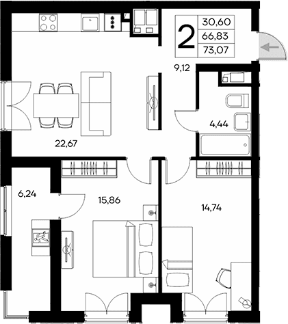 2-комн., 66.83 м²