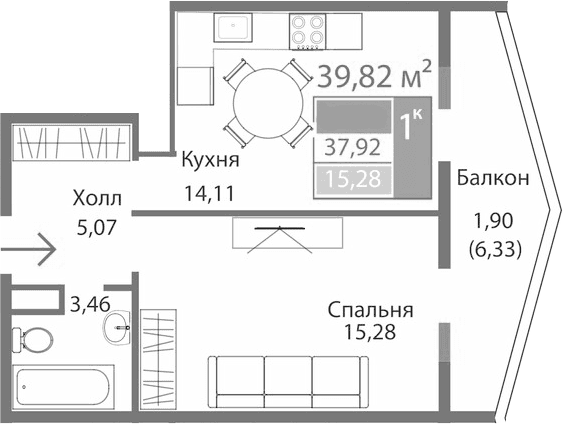 1-комн., 37.92 м²