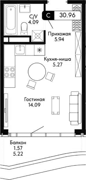 Студия, 29.39 м²