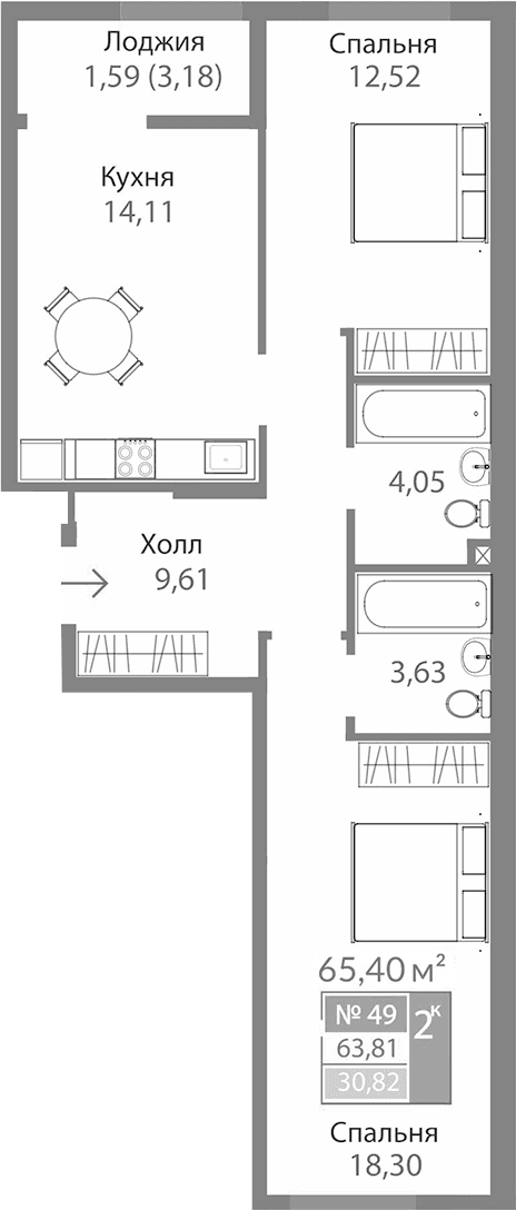 2-комн., 62.22 м²