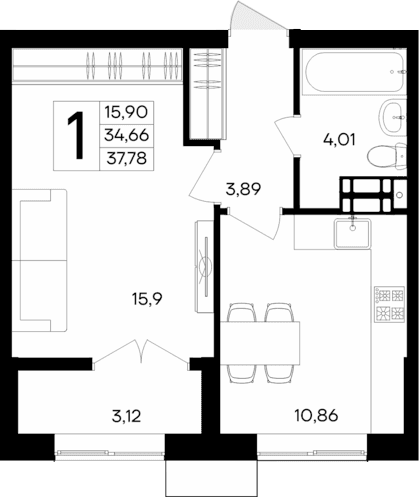 1-комн., 34.66 м²