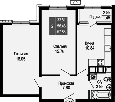2-комн., 56.43 м²
