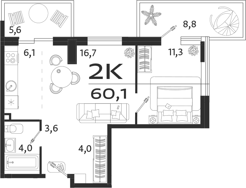 2-комн., 45.7 м²