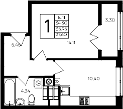 1-комн., 34.3 м²