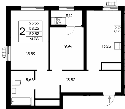 2-комн., 58.26 м²