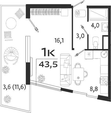 Студия, 31.9 м²