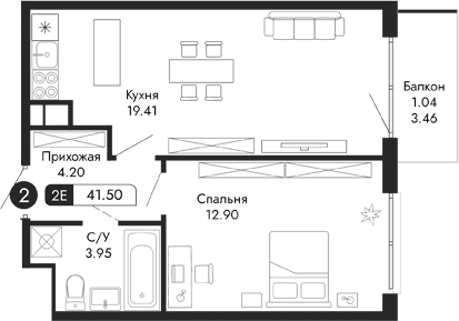 2-комн., 40.46 м²