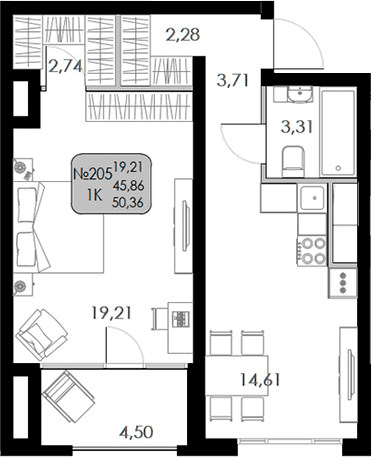 1-комн., 45.86 м²