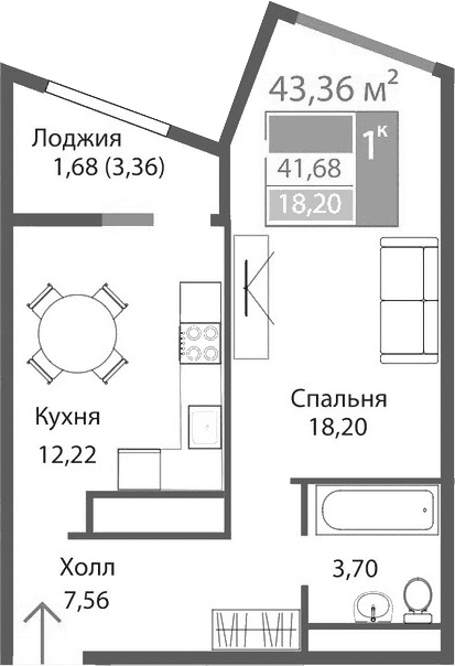 1-комн., 41.68 м²