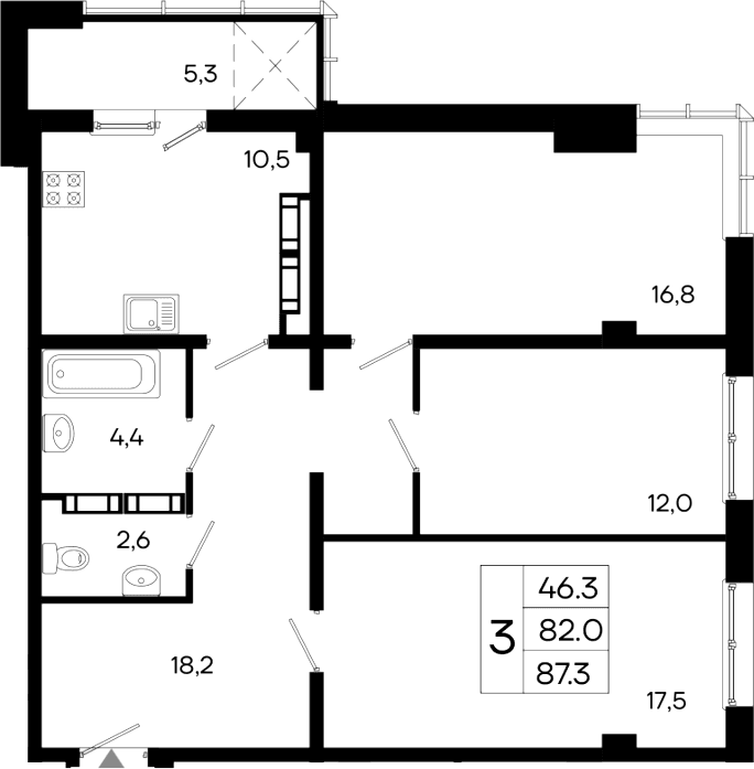 3-комн., 82 м²