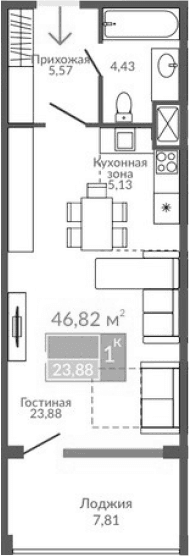 Студия, 39.01 м²