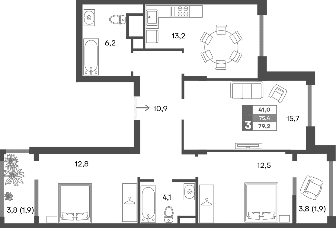 3-комн., 75.4 м²
