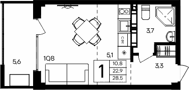 Студия, 22.9 м²