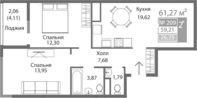 2-комн., 59.21 м²