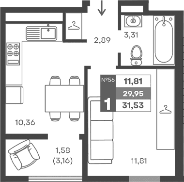 1-комн., 28.37 м²