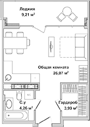 Студия, 34.32 м²