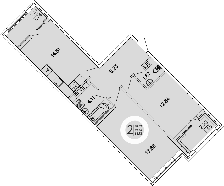 2-комн., 59.54 м²