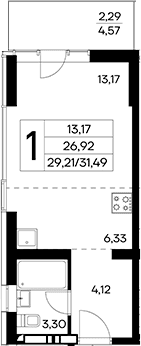 Студия, 29.2 м²