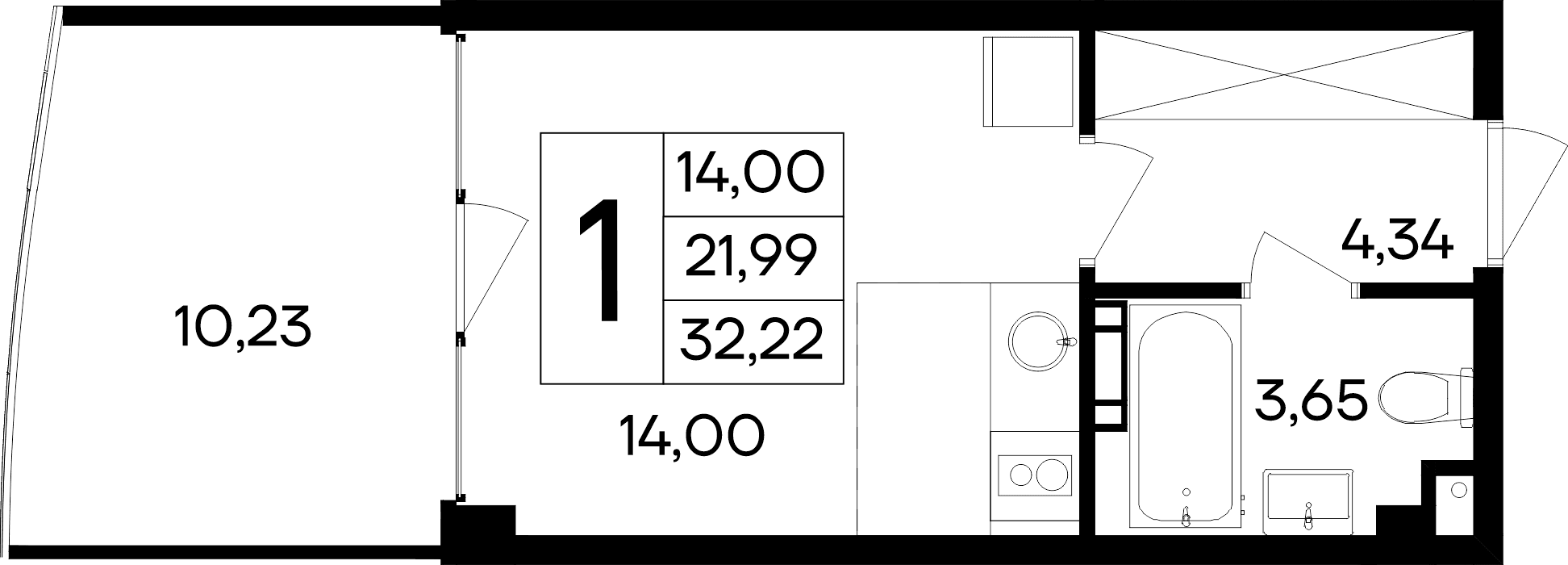 Студия, 21.99 м²