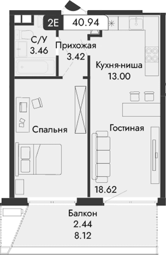 2-комн., 38.5 м²