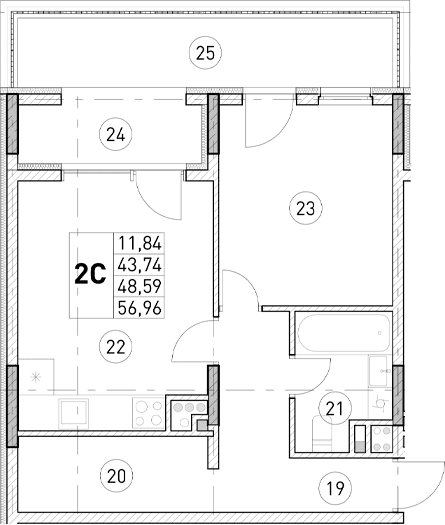 2-комн., 43.74 м²