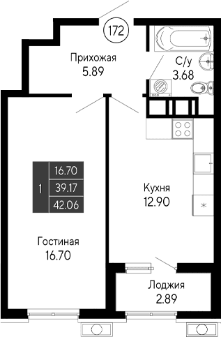 1-комн., 39.17 м²