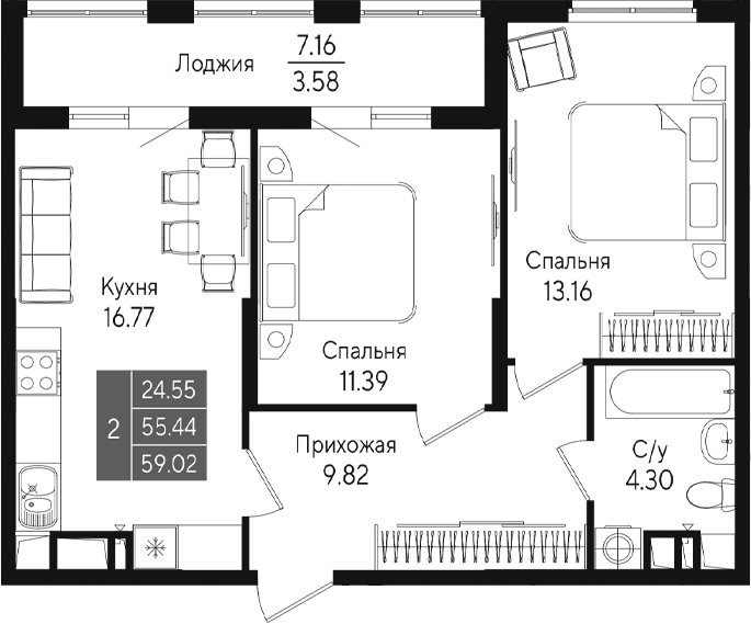 2-комн., 55.44 м²
