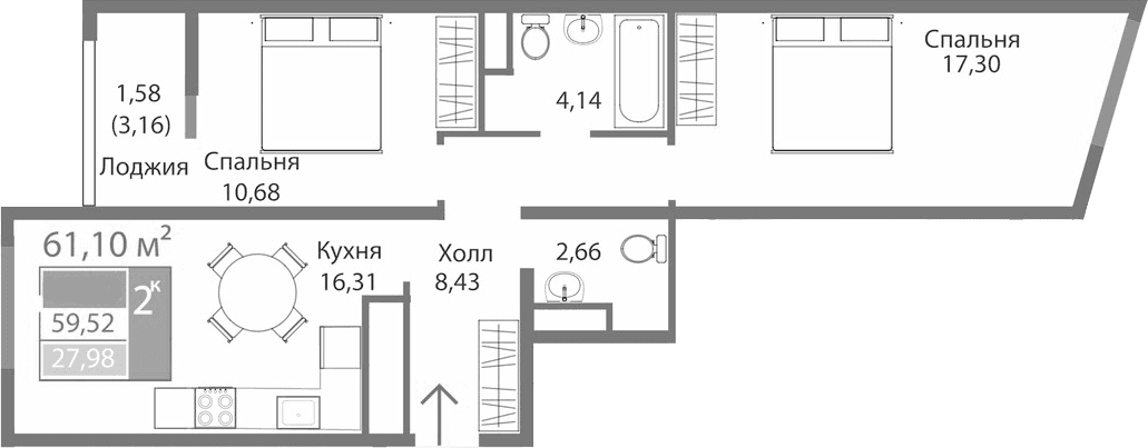 2-комн., 59.52 м²