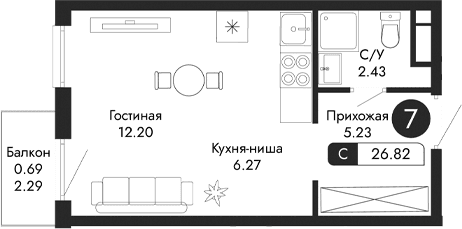 Студия, 26.13 м²