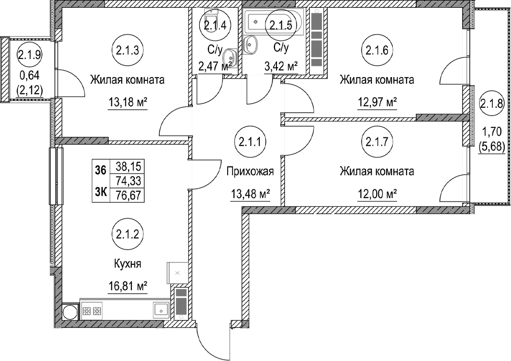 3-комн., 74.33 м²