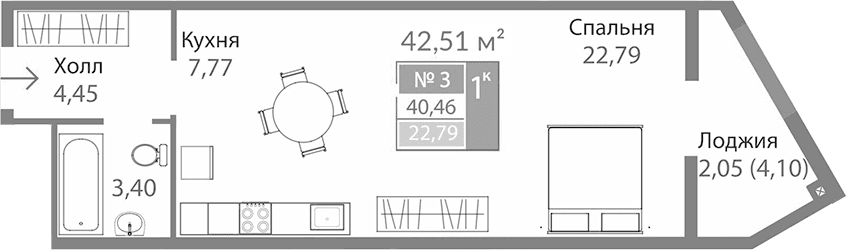 Студия, 38.41 м²