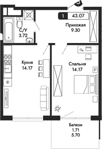 1-комн., 41.36 м²