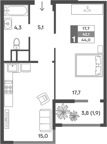 2-комн., 42.1 м²