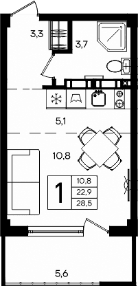 Студия, 22.9 м²