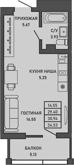 Студия, 29.4 м²