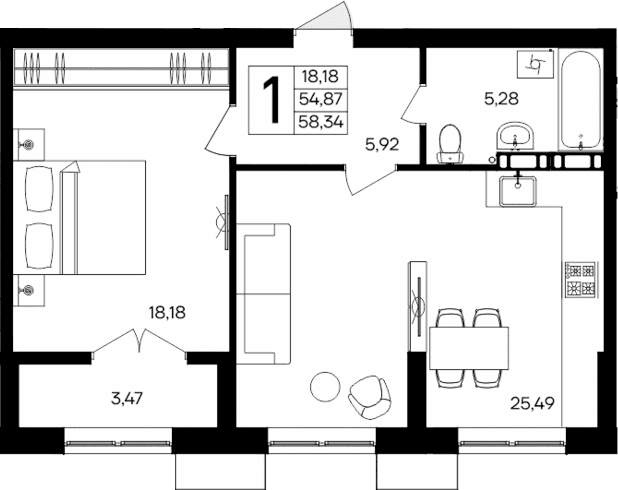 1-комн., 54.87 м²