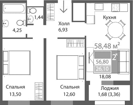 2-комн., 56.8 м²