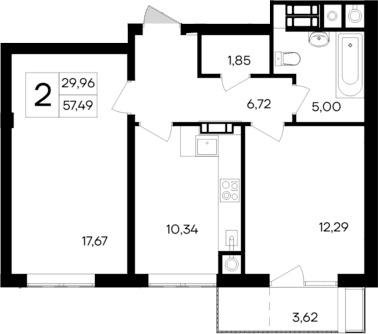 2-комн., 53.87 м²